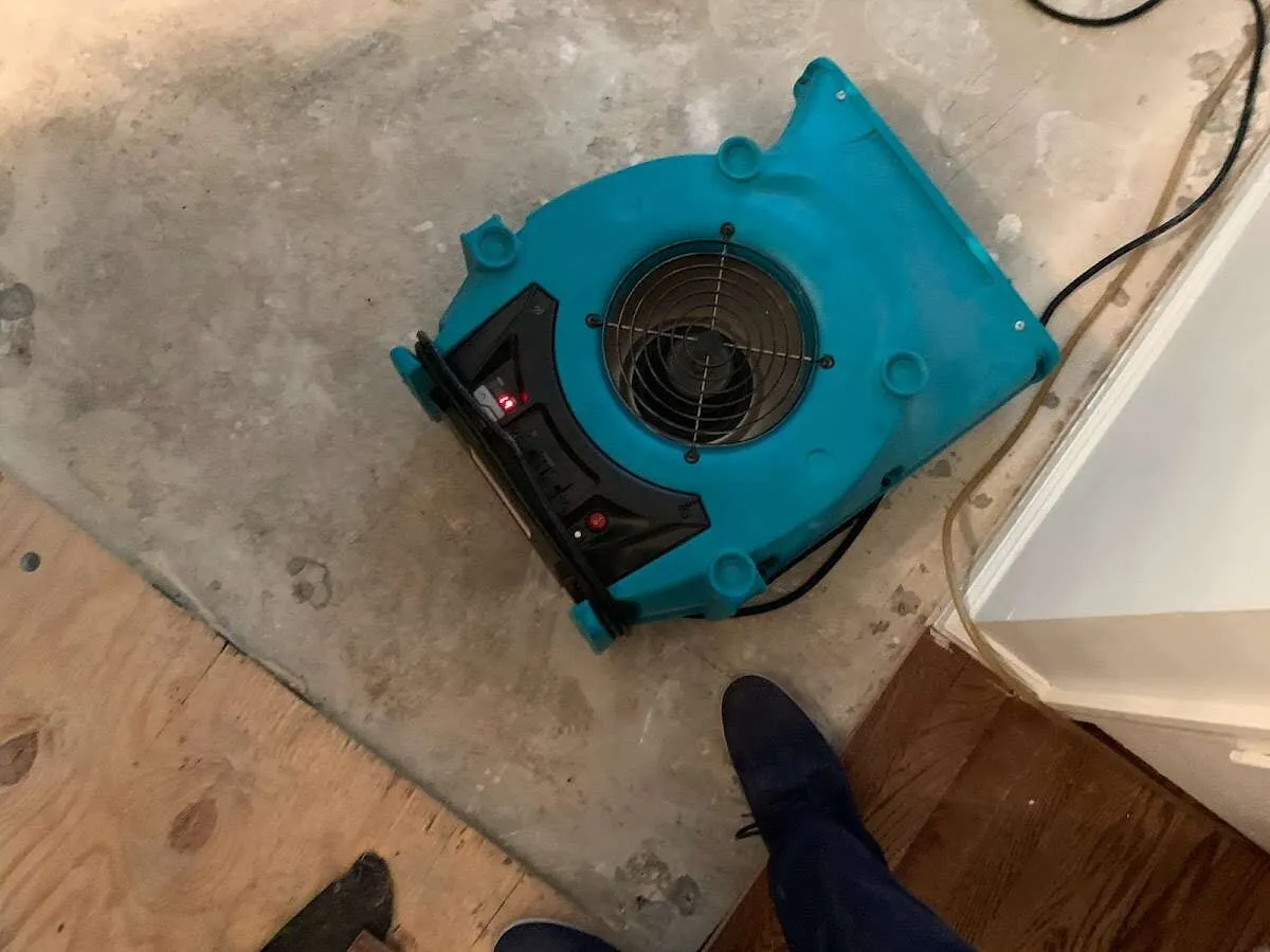 Air mover drying subfloor during Commercial Water Damage Restoration in Pomona